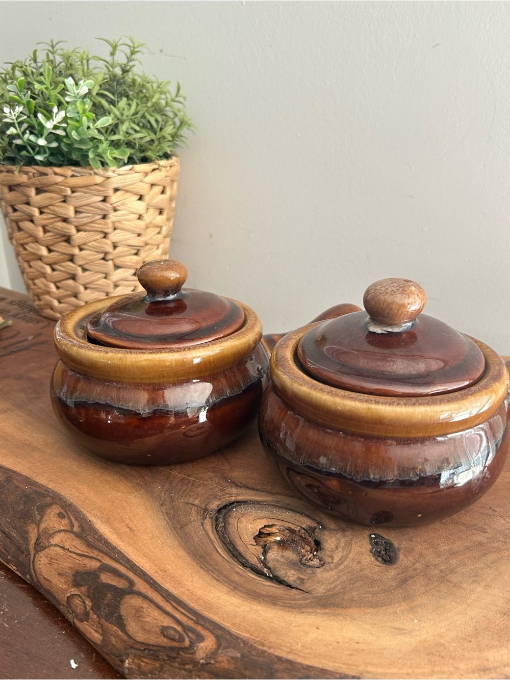 2-Vintage Brown Glazed French Onion Soup Crocks HandleCeramic Bowls farmhouse